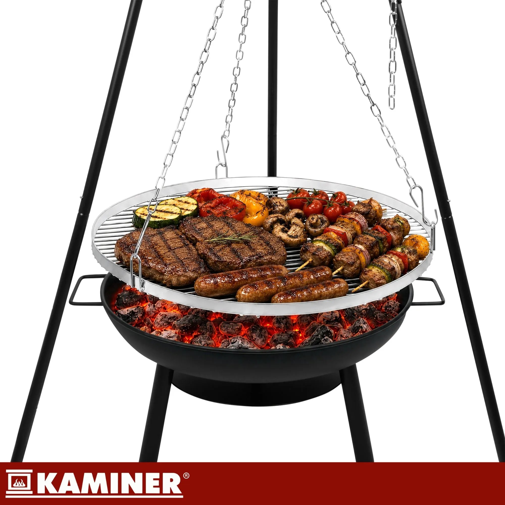 Trebensgrill med Bålfad – Hængegrill med 58 cm Grillrist & Justerbar Højde
