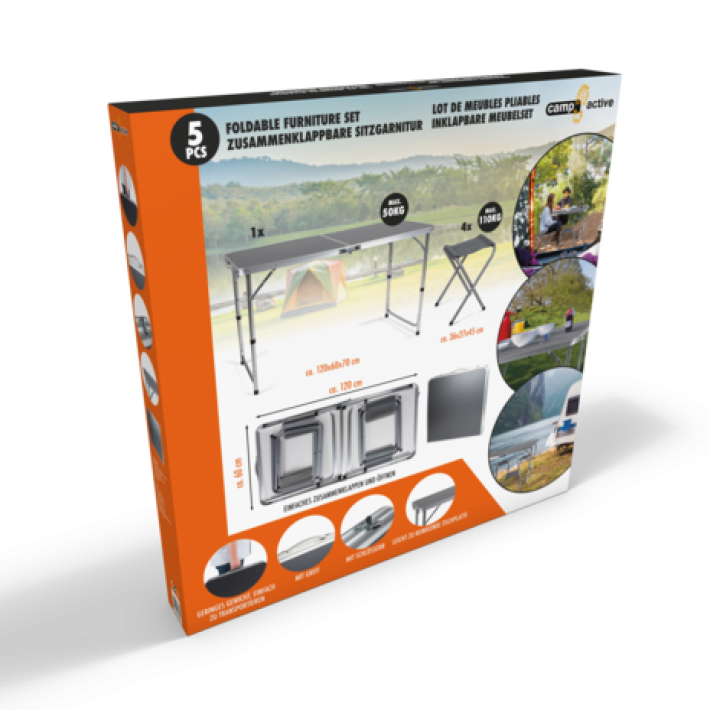 Sammenklappelig Campingbord inkl. 4 stole - Kompakt og Letvægt