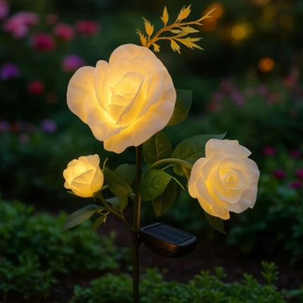Solcelle Rose LED Havelampe – 3 Kunstige Blomster med Farveskiftende Lys