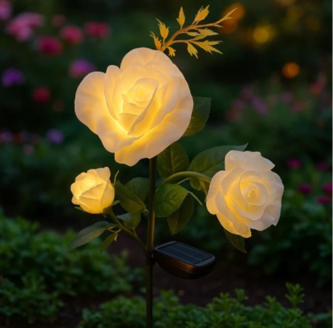 Solcelle Rose LED Havelampe – 3 Kunstige Blomster med Farveskiftende Lys