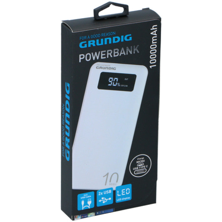 Grundig Powerbank 10000mAh med LED-display og 2 USB-outputs