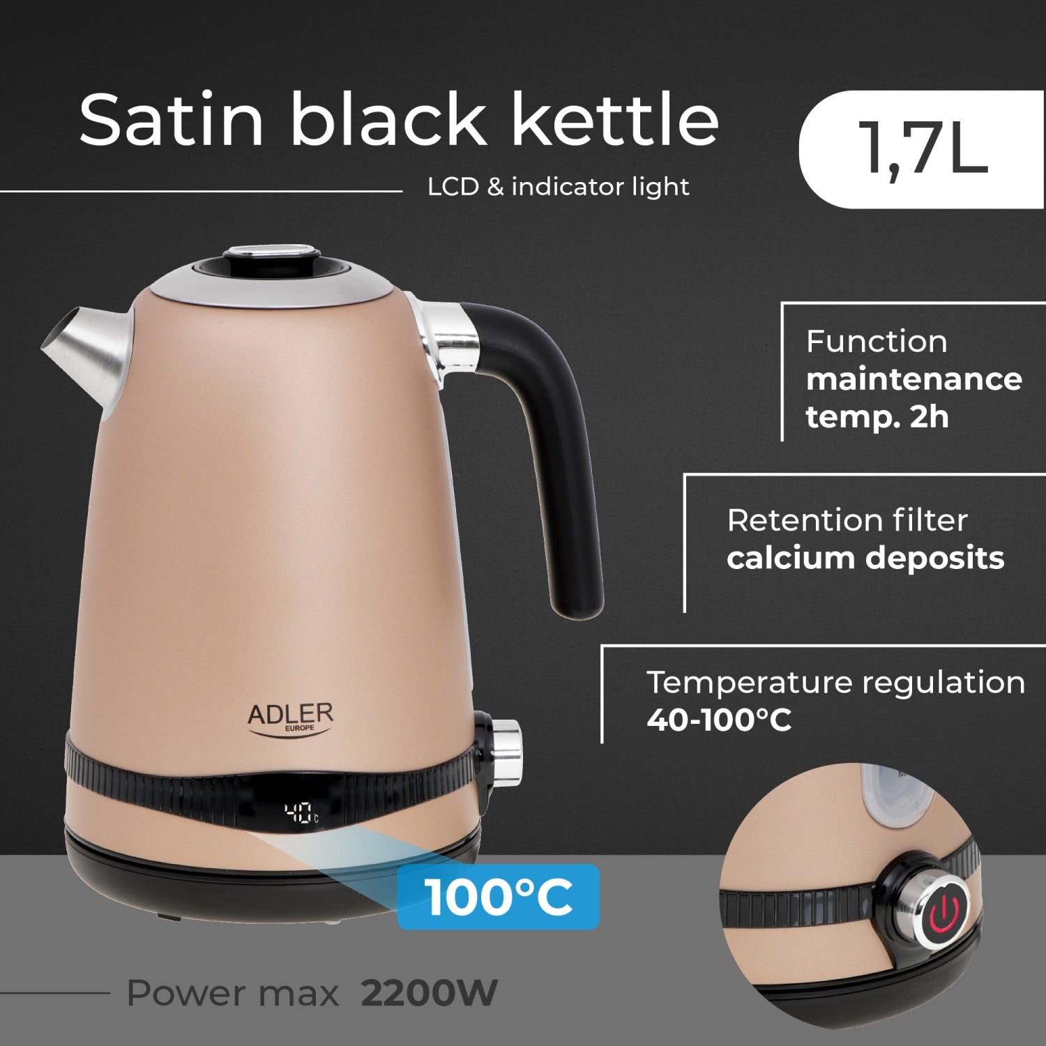 Elkedel 1,7 L i Rustfrit Stål med LCD-display og Temperaturstyring