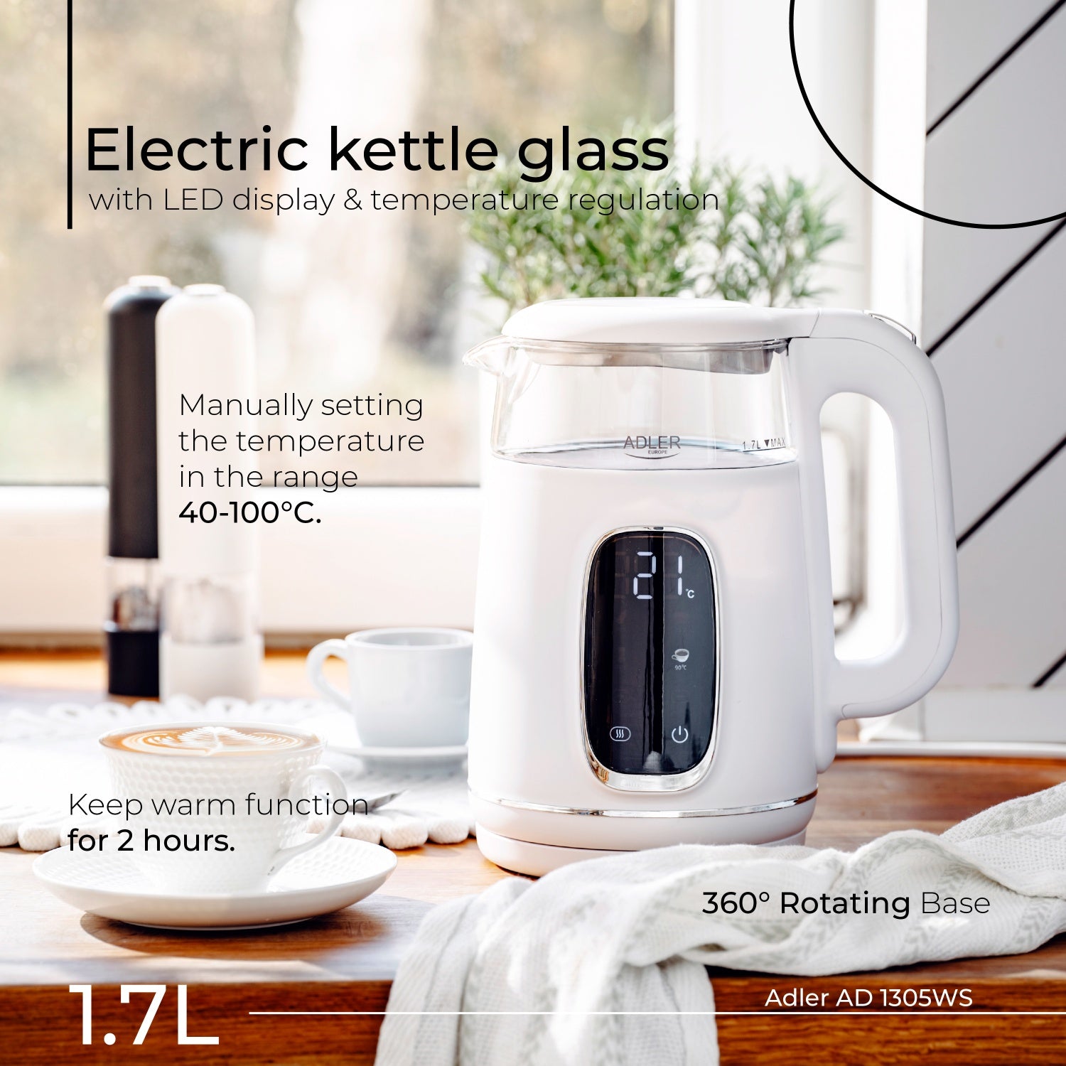 Elkedel 1,7L med Temperaturstyring og LED Display