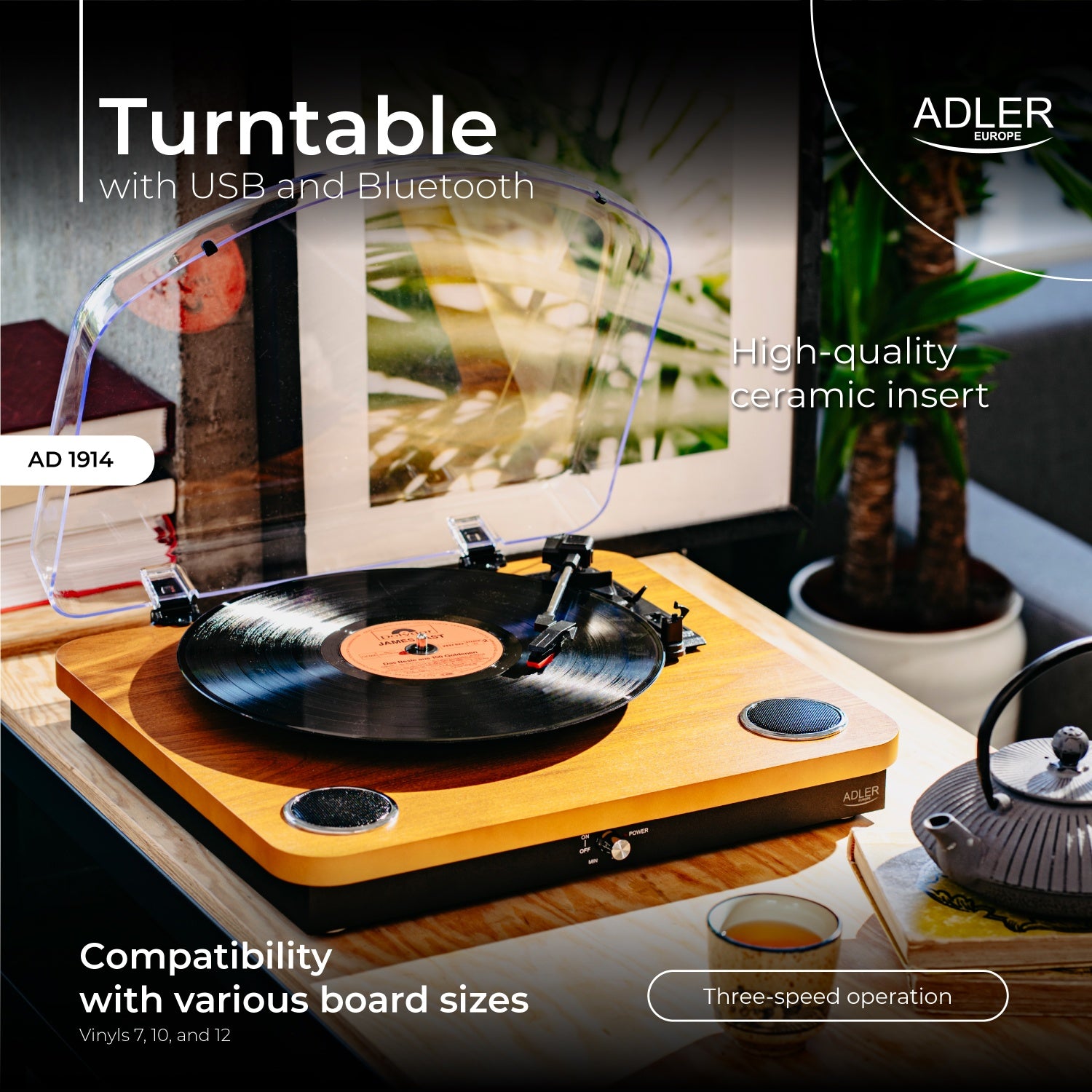 Pladespiller Hvid/træ farve med Bluetooth & USB optagelse