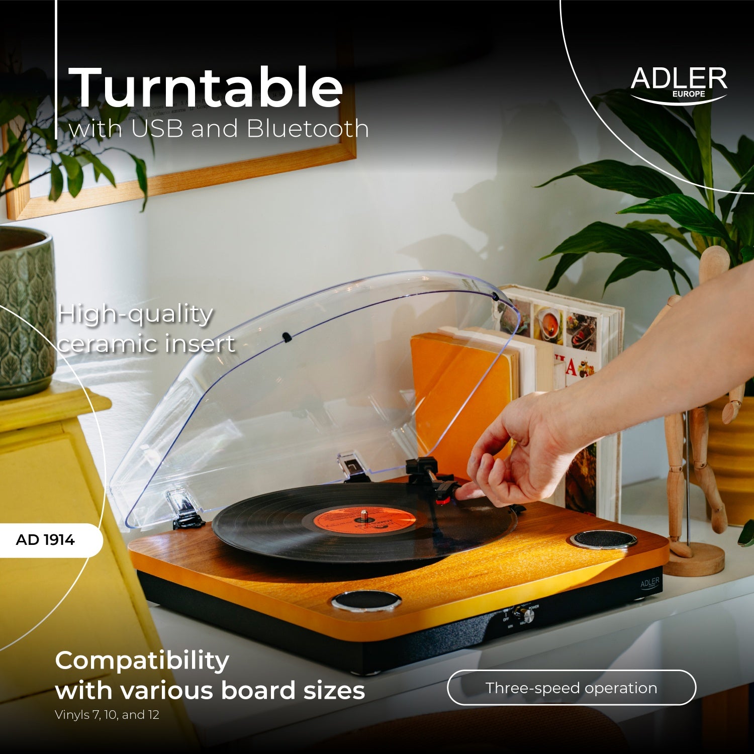 Pladespiller Hvid/træ farve med Bluetooth & USB optagelse