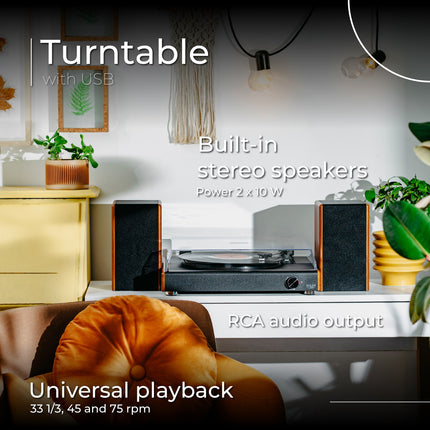 Pladespiller med Bluetooth, USB & Indbyggede Højttalere