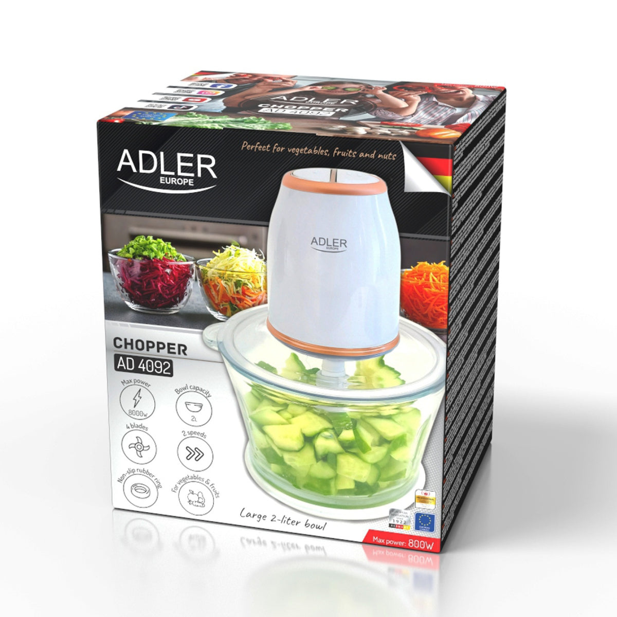 XXL Minihakker 2L – 800W med 4 Knive & 2 Hastigheder