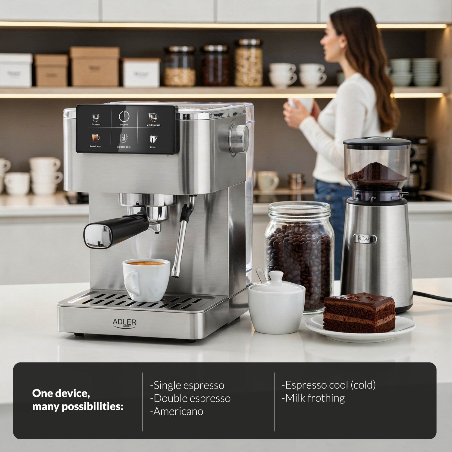 Espresso maskine 20 bar med mælkeskummer & touch display