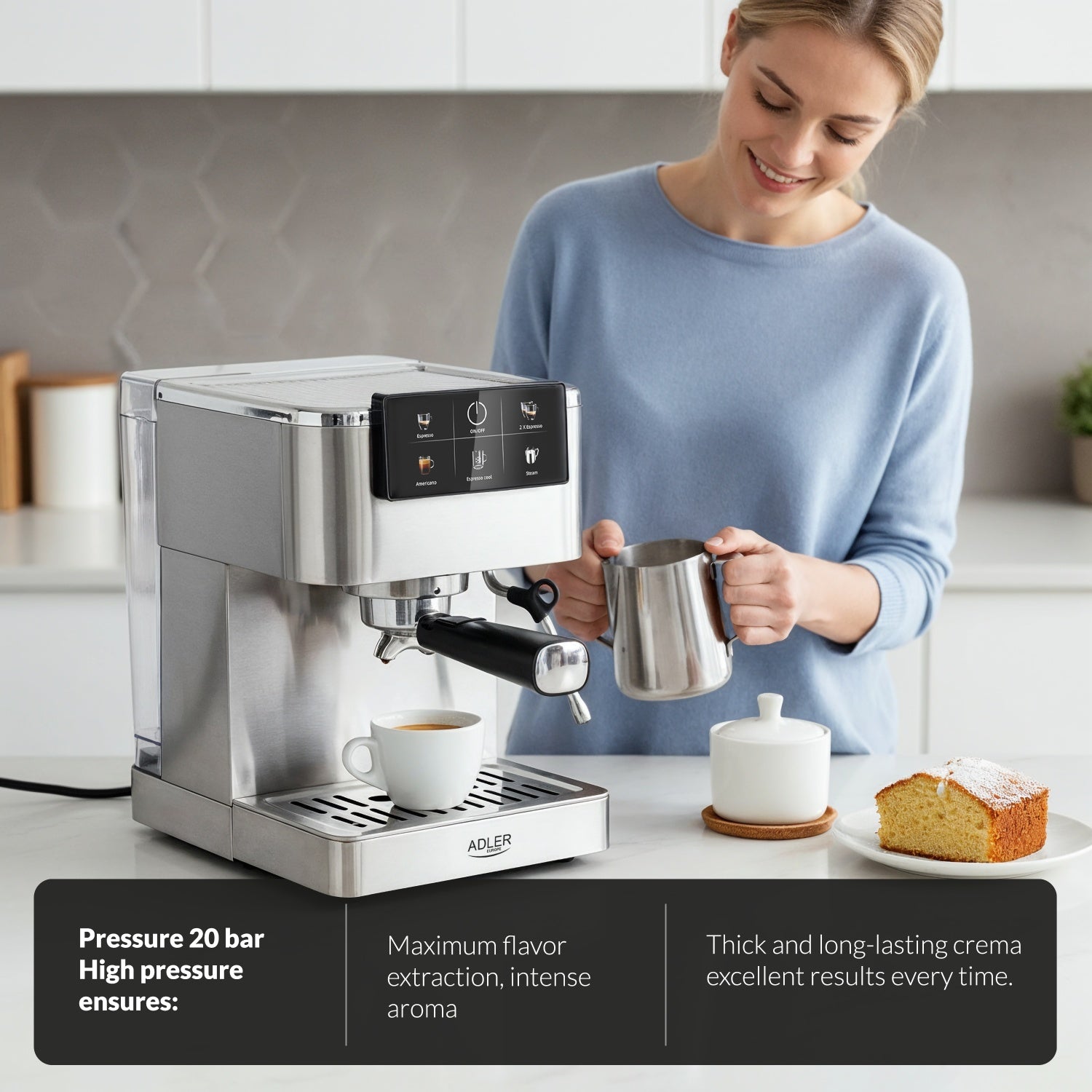Espresso maskine 20 bar med mælkeskummer & touch display