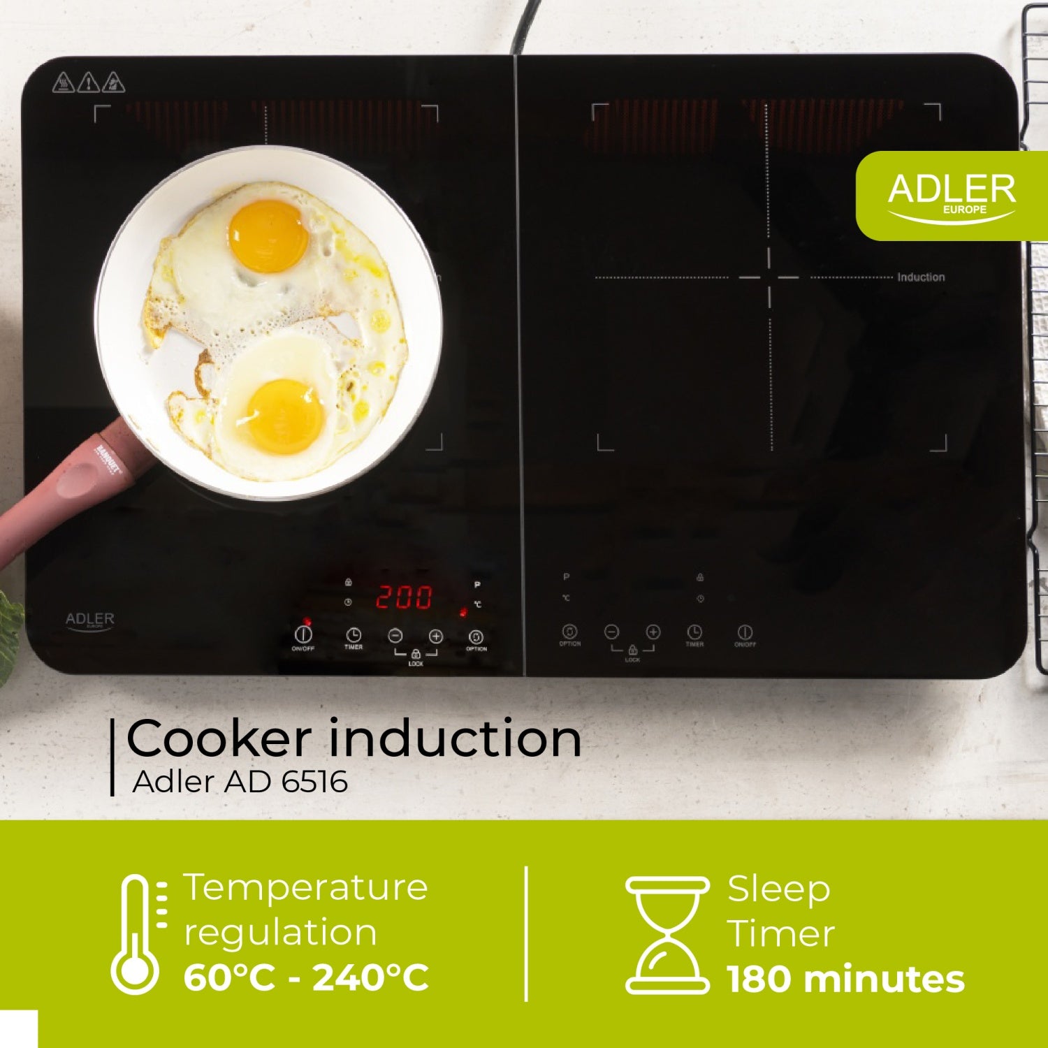 Induktionskogeplade, dobbelt – med Touch Display og Timer