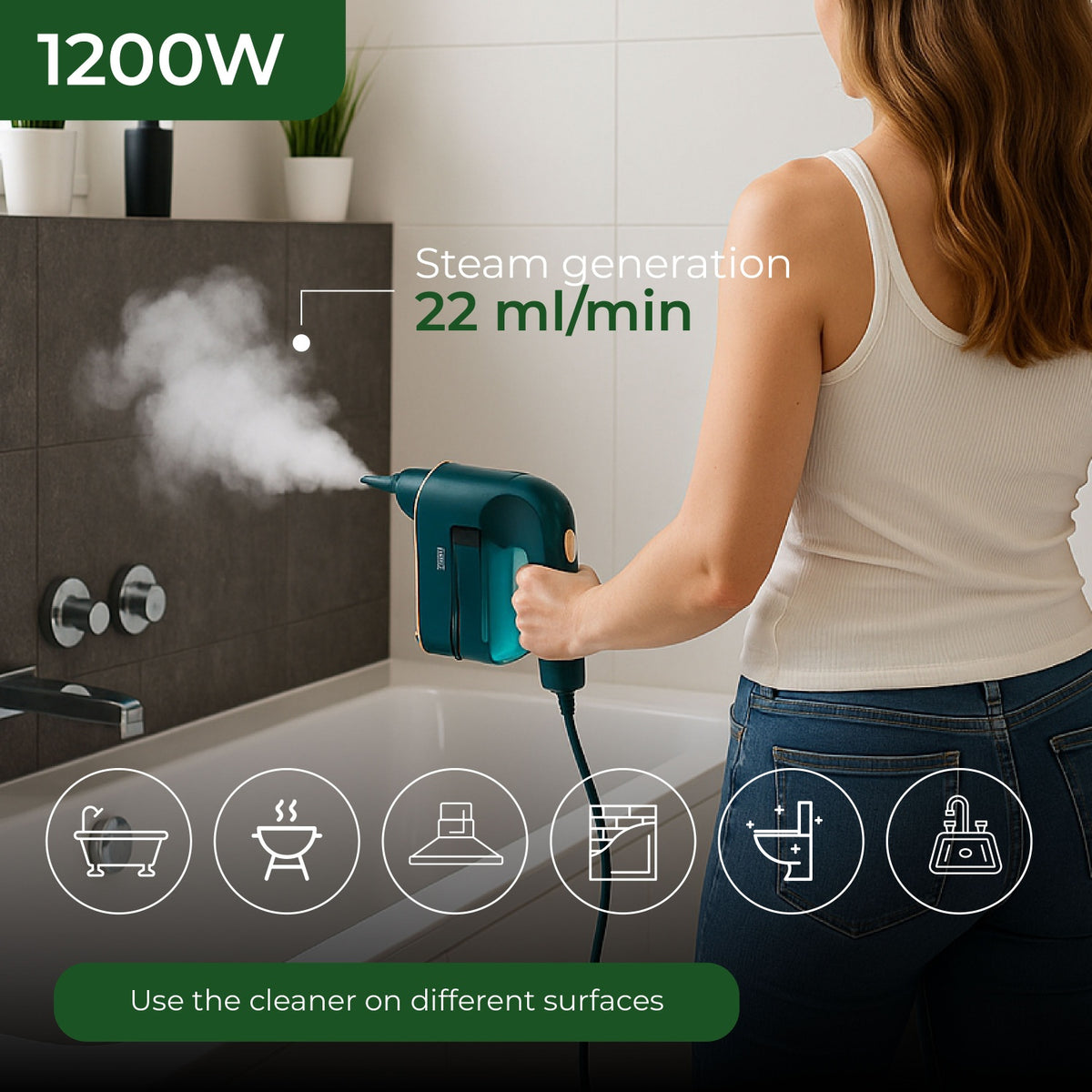 Håndholdt Damprenser 1200W – 5 Mundstykker til Køkken, Bad & Vinduer