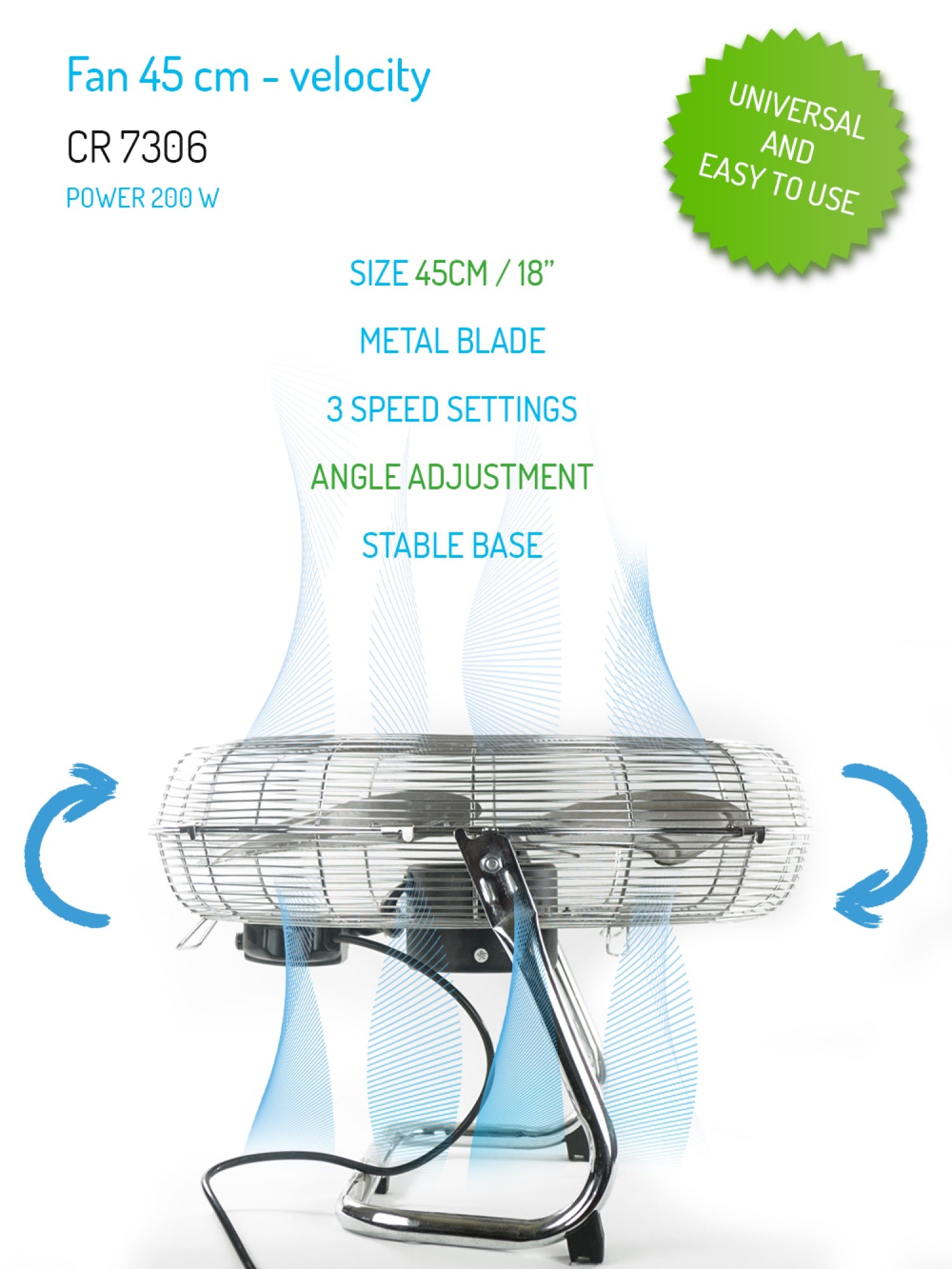 Gulventilator 45 cm - 3 hastigheder