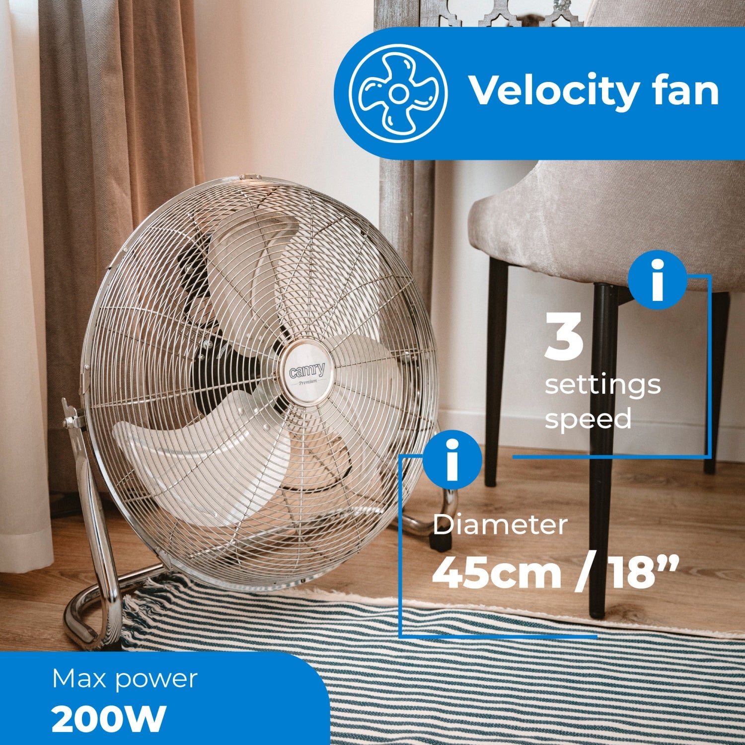 Gulventilator 45 cm - 3 hastigheder