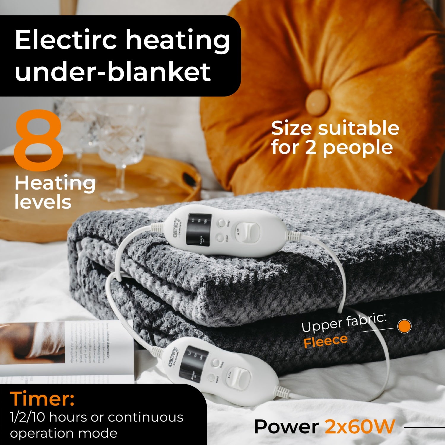 Varmetæppe 160 x 150 cm, dobbelt, med Timer, 2 fjernbetjeninger (2 x 60W)