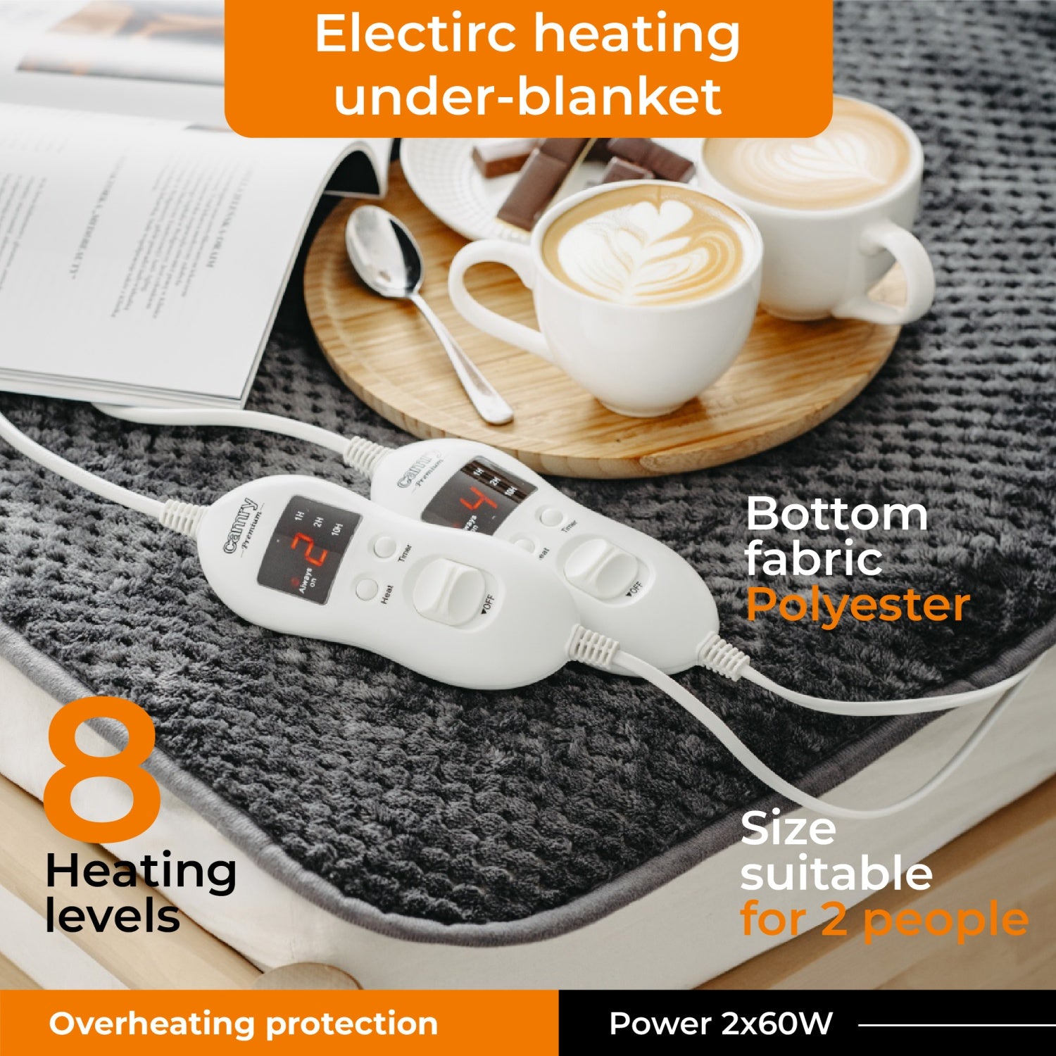 Varmetæppe 160 x 150 cm, dobbelt, med Timer, 2 fjernbetjeninger (2 x 60W)
