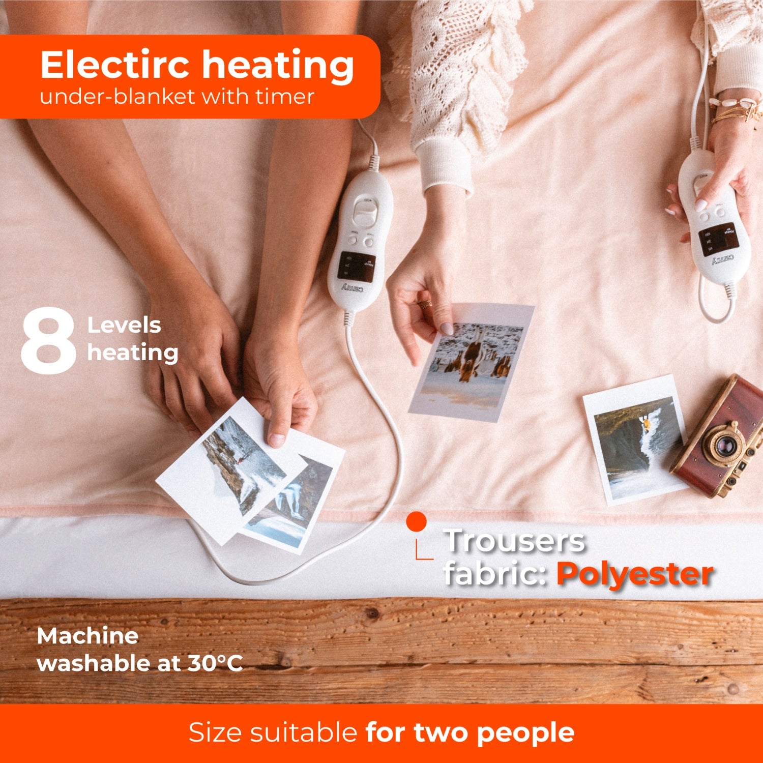 Varmetæppe 160 x 150 cm, dobbelt, med Timer – 8 varmeindstillinger (2 x 60W)