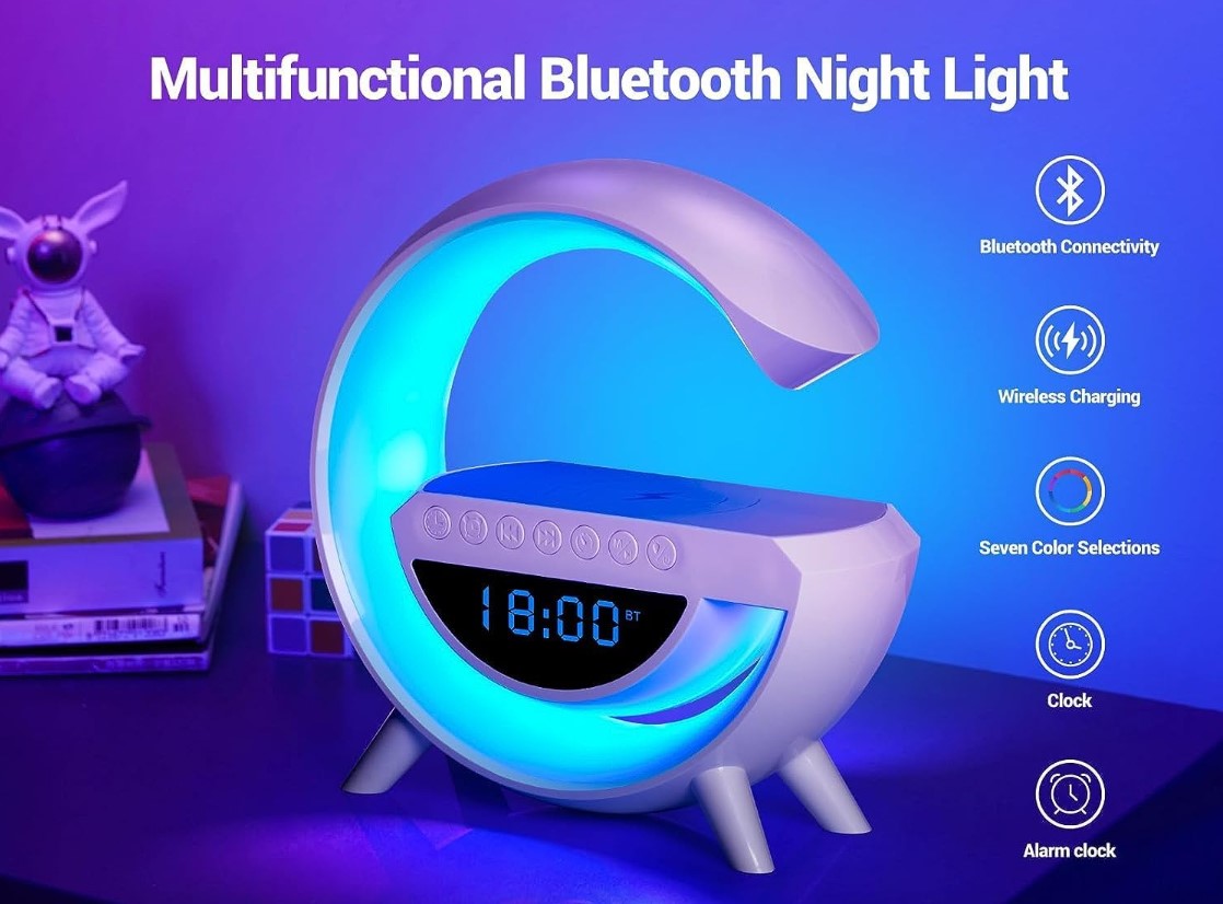 Lampe oval med ur og Trådløs Opladning, Bluetooth Højttaler