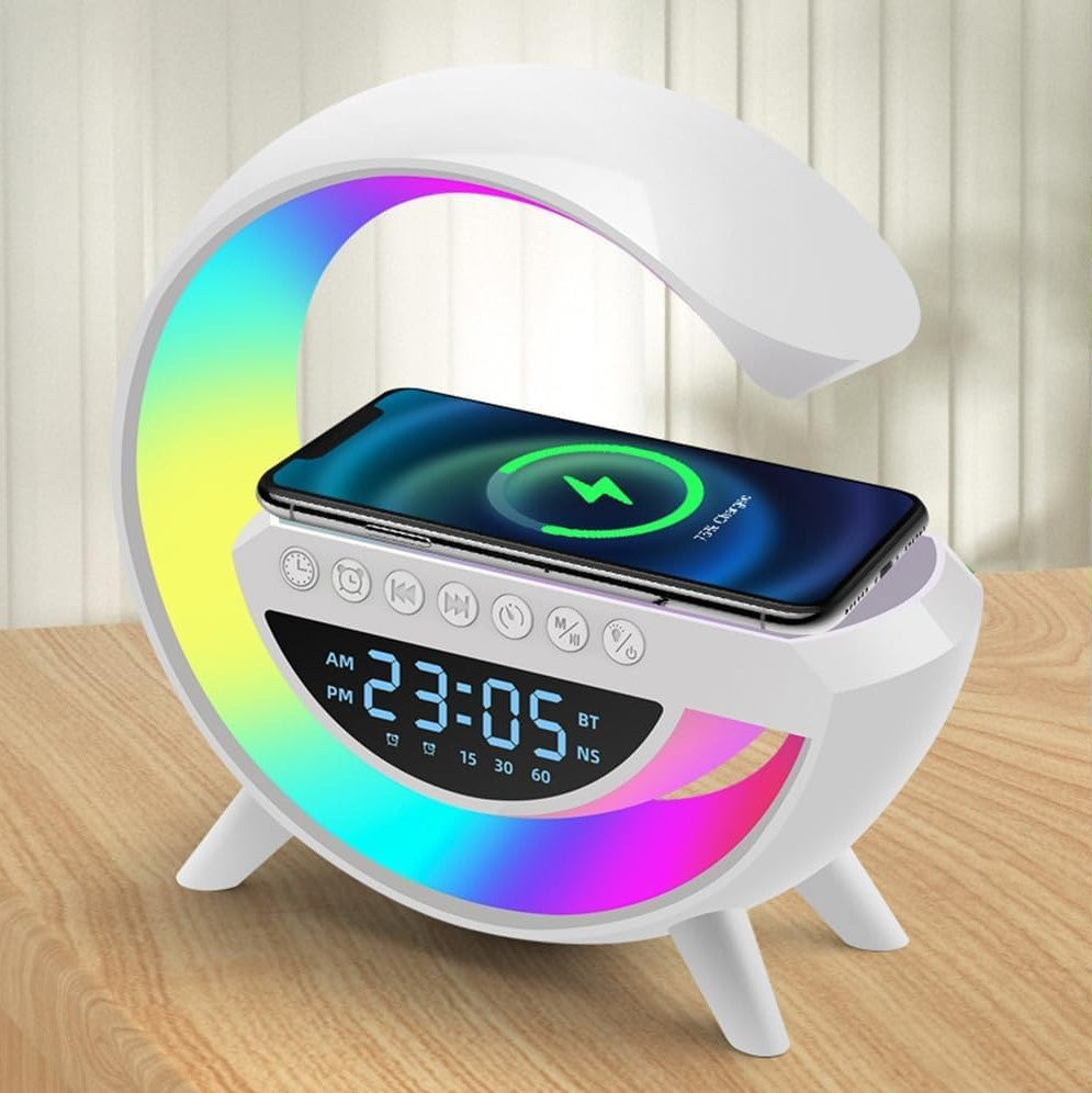 Lampe med ur og Trådløs Opladning, Bluetooth Højttaler
