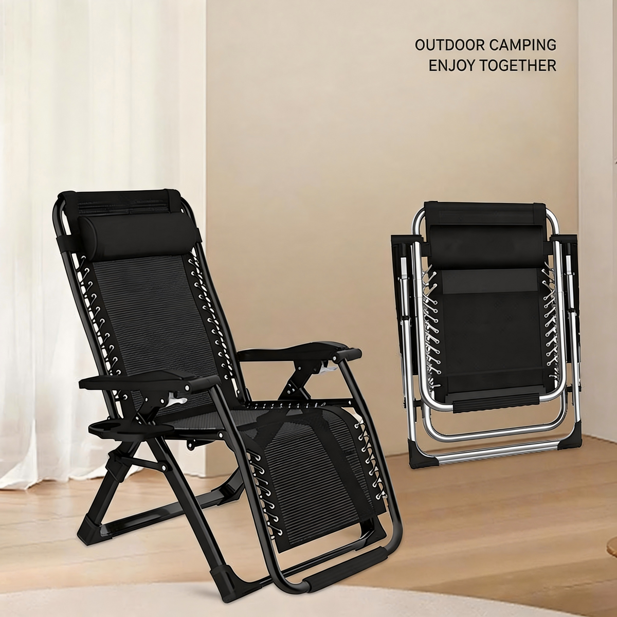 Foldbar Solseng med Justerbar Ryglæn – Komfortabel Have- og Campingstol med Kopholder