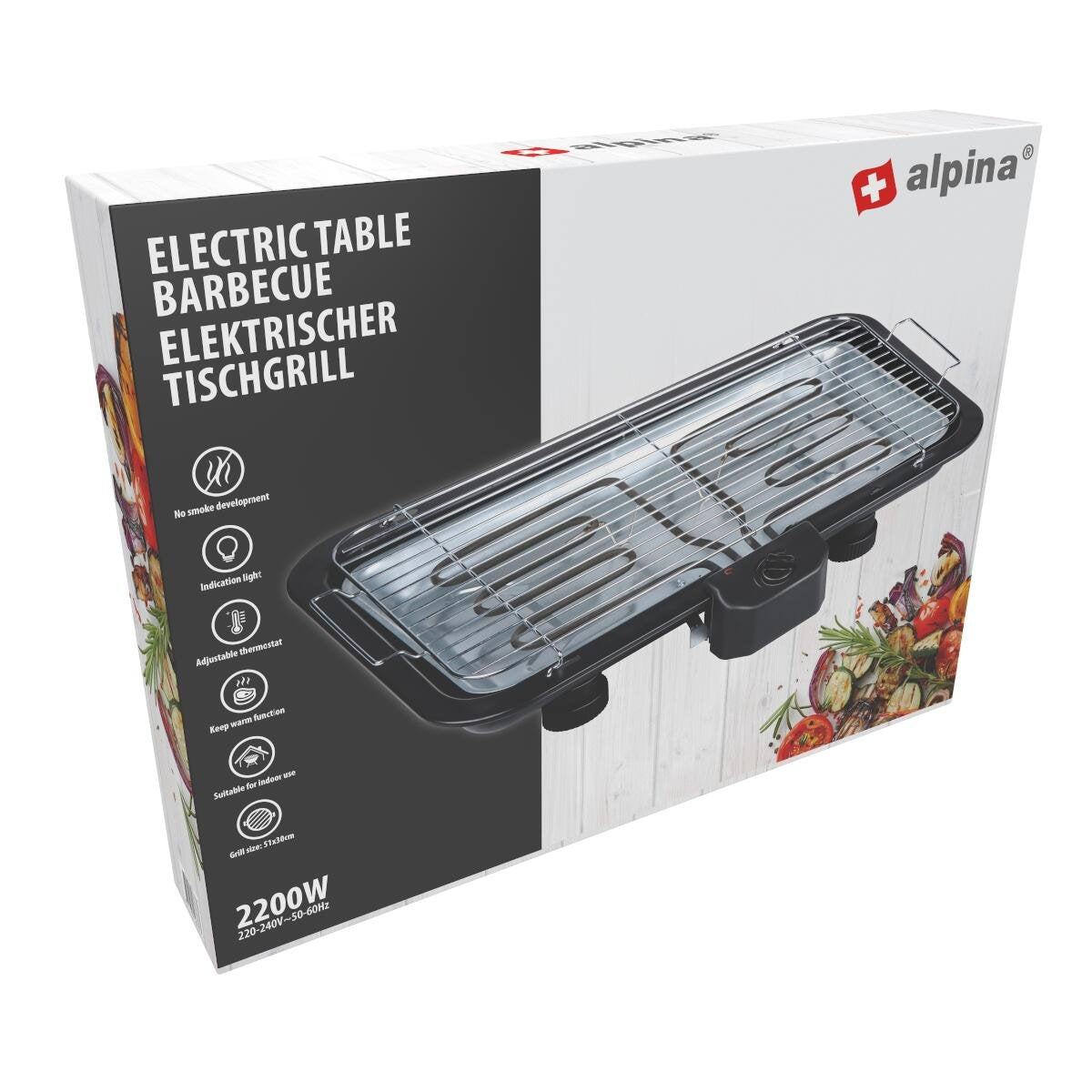 ALPINA Elektrisk Bordgrill 2200W – Stor Grill til Indendørs & Udendørs Brug