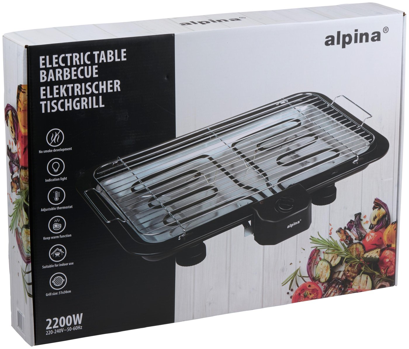 ALPINA Elektrisk Bordgrill 2200W – Stor Grill til Indendørs & Udendørs Brug