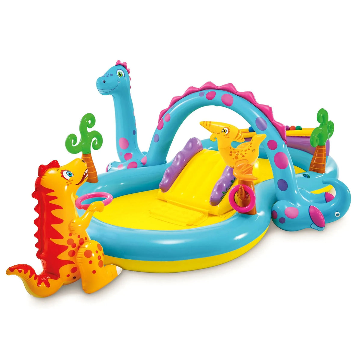 Dinoland Vandlegeplads med Rutsjebane, Springvand og 6 Bolde – 302 x 229 x 112 cm