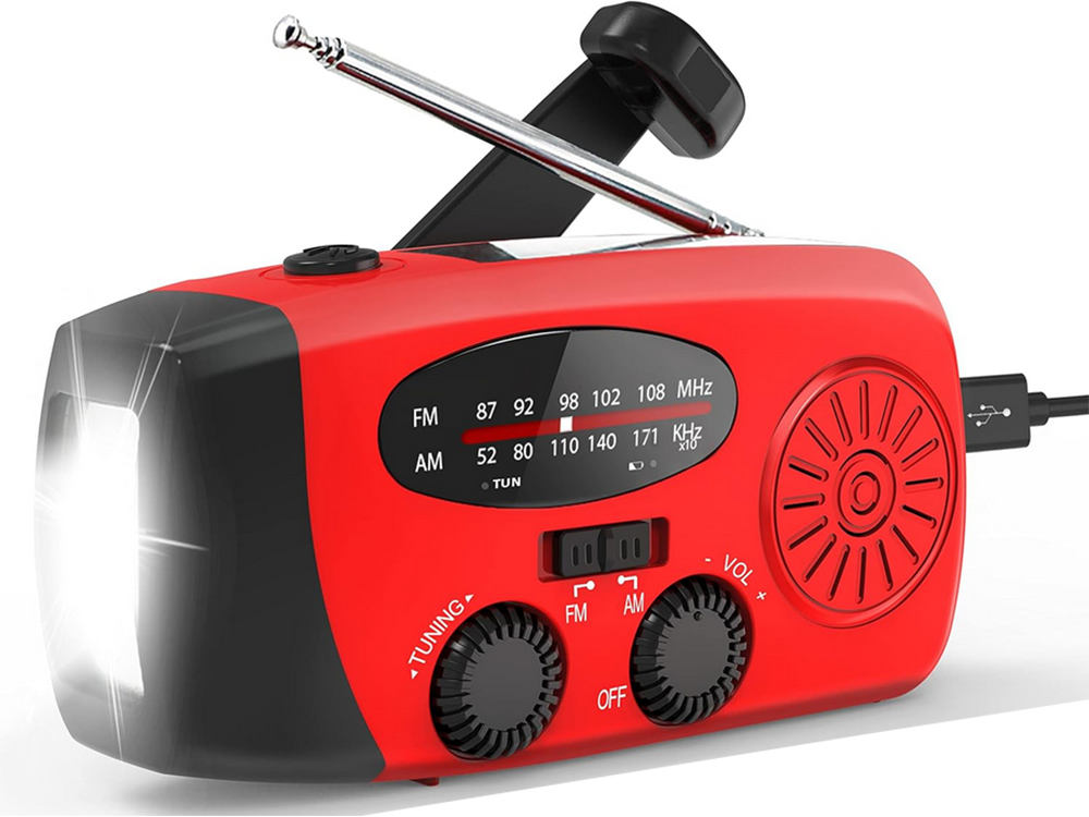 Genopladelig Nødradio med Solcelle, Dynamo, Lommelygte og Powerbank-funktion