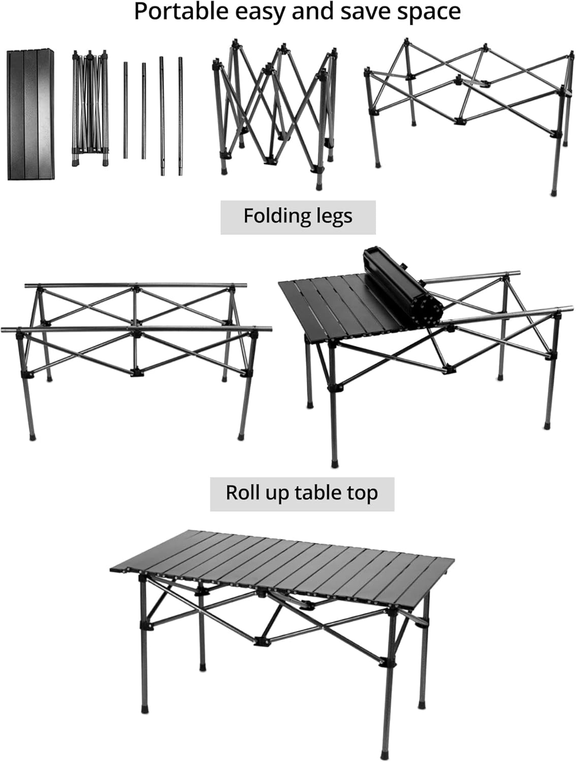 Campingbord, Sammenklappeligt, 3 størrelser, Sort