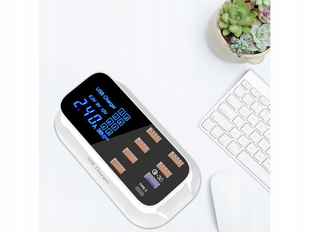Hurtigoplader til Mobil med 7 USB + 1 USB-C med LCD Skærm - 40W