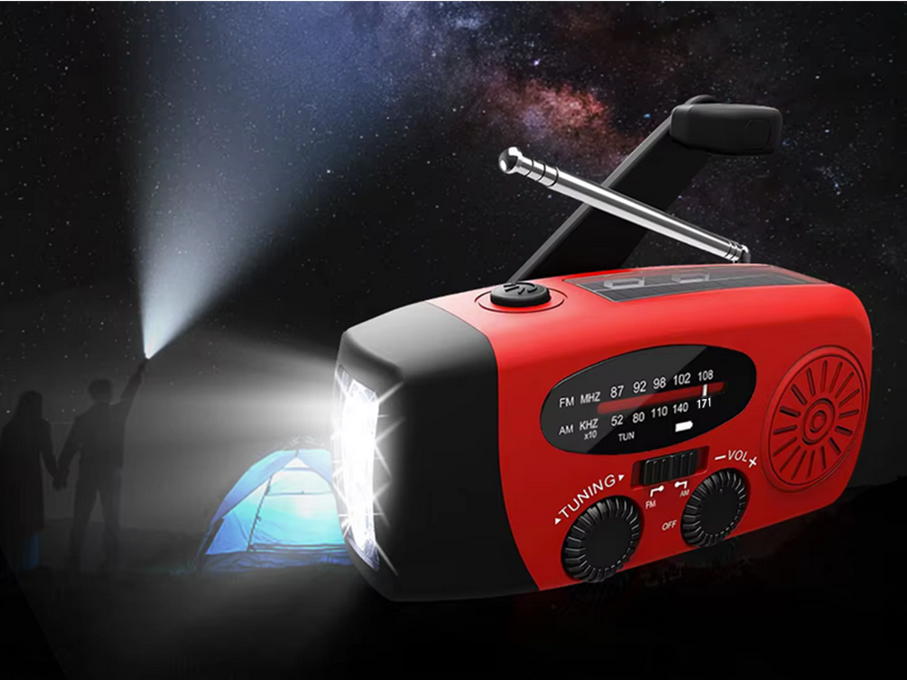 Genopladelig Nødradio med Solcelle, Dynamo, Lommelygte og Powerbank-funktion