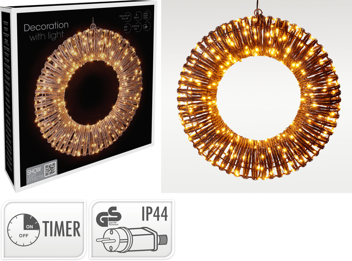 LED Julekrans med 400 Varmhvide Lys – Ø38 cm med Timer til Udendørs Brug