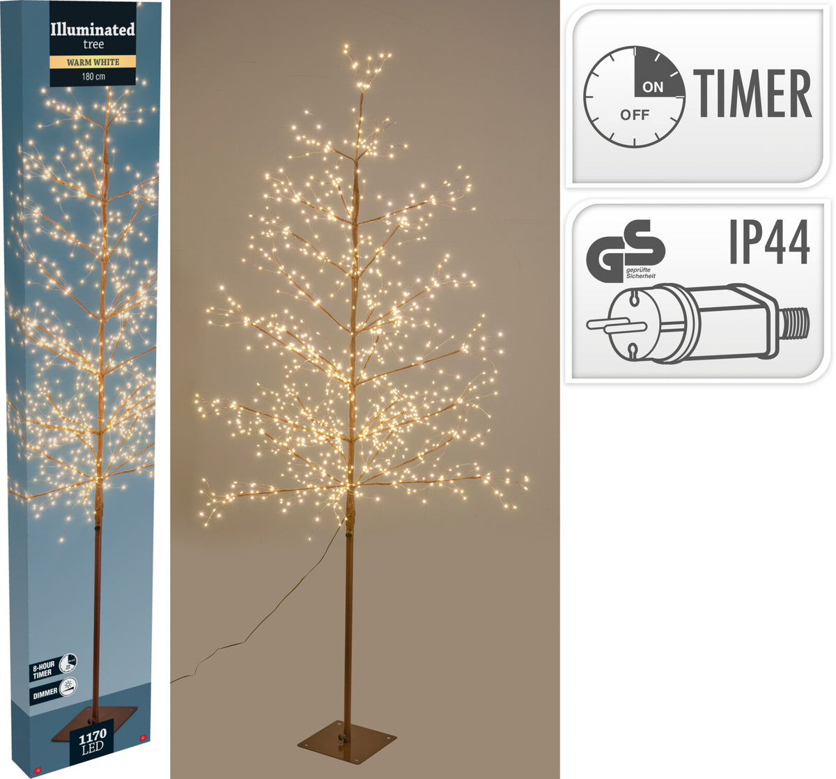 Dekorativt LED Træ 180 cm med 1170 Varmhvide Lys – Timer & Lysdæmper