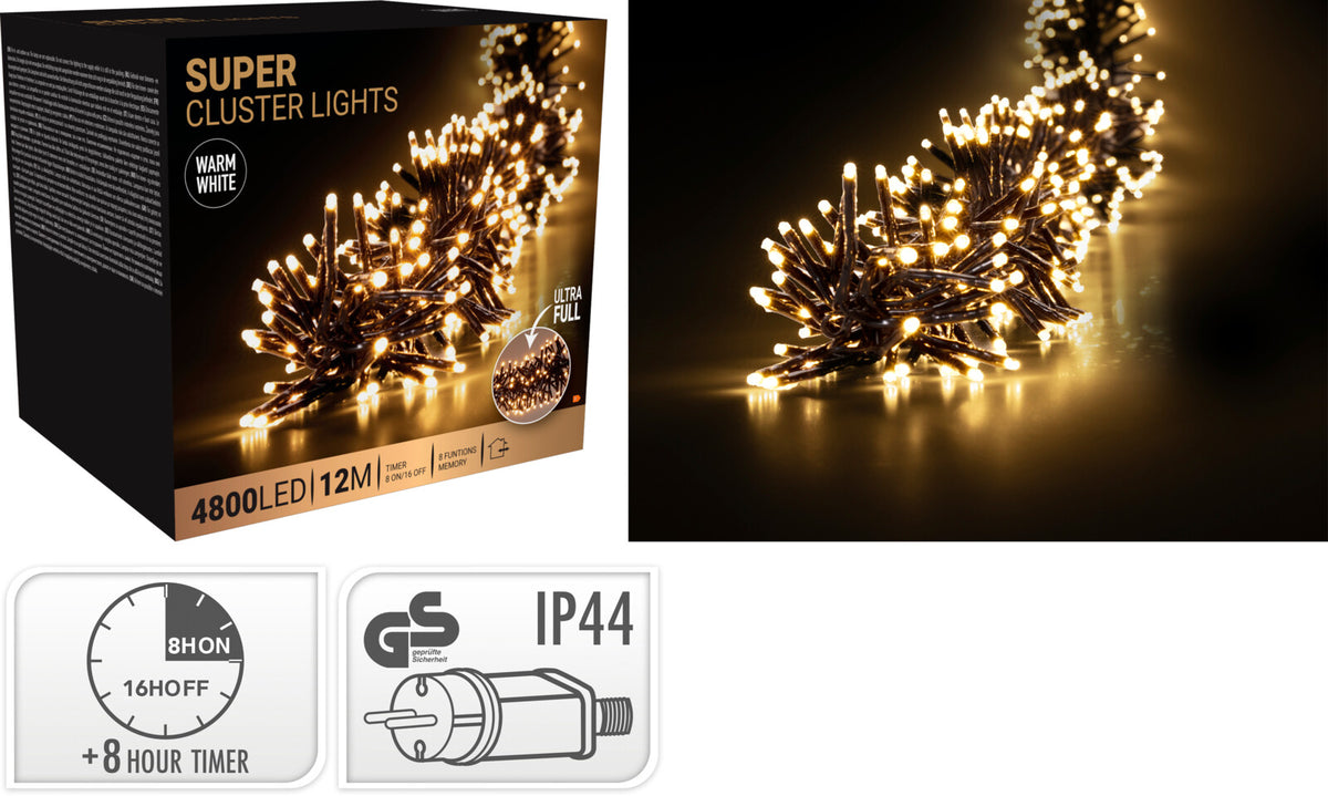 Super Cluster LED Lyskæde med 3216 eller 4800 Varmhvide Lys – 8 eller 12 Meter