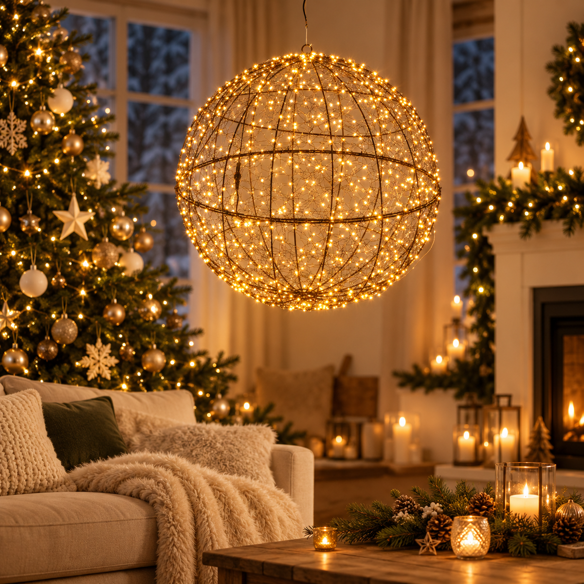 Dekorativ LED lyskugle i sort metal med 500 eller 960 varmhvide lys – 35 eller 58 cm med timer