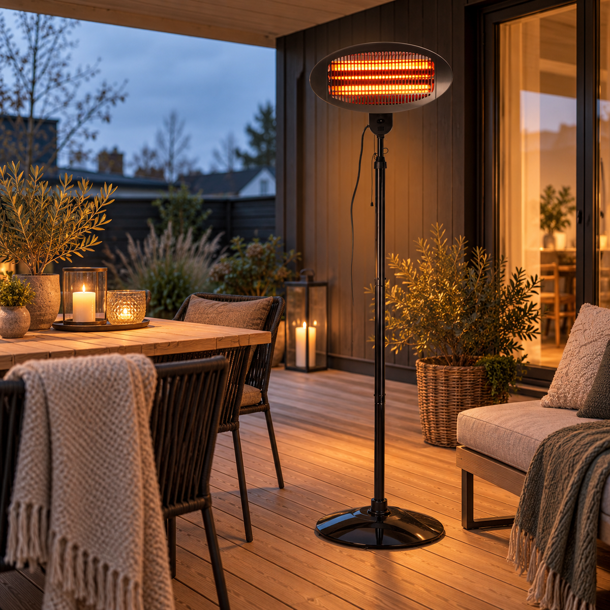 Elektrisk terrassevarmer på fod 2000W med justerbar højde 180-210 cm og 3 varmetrin