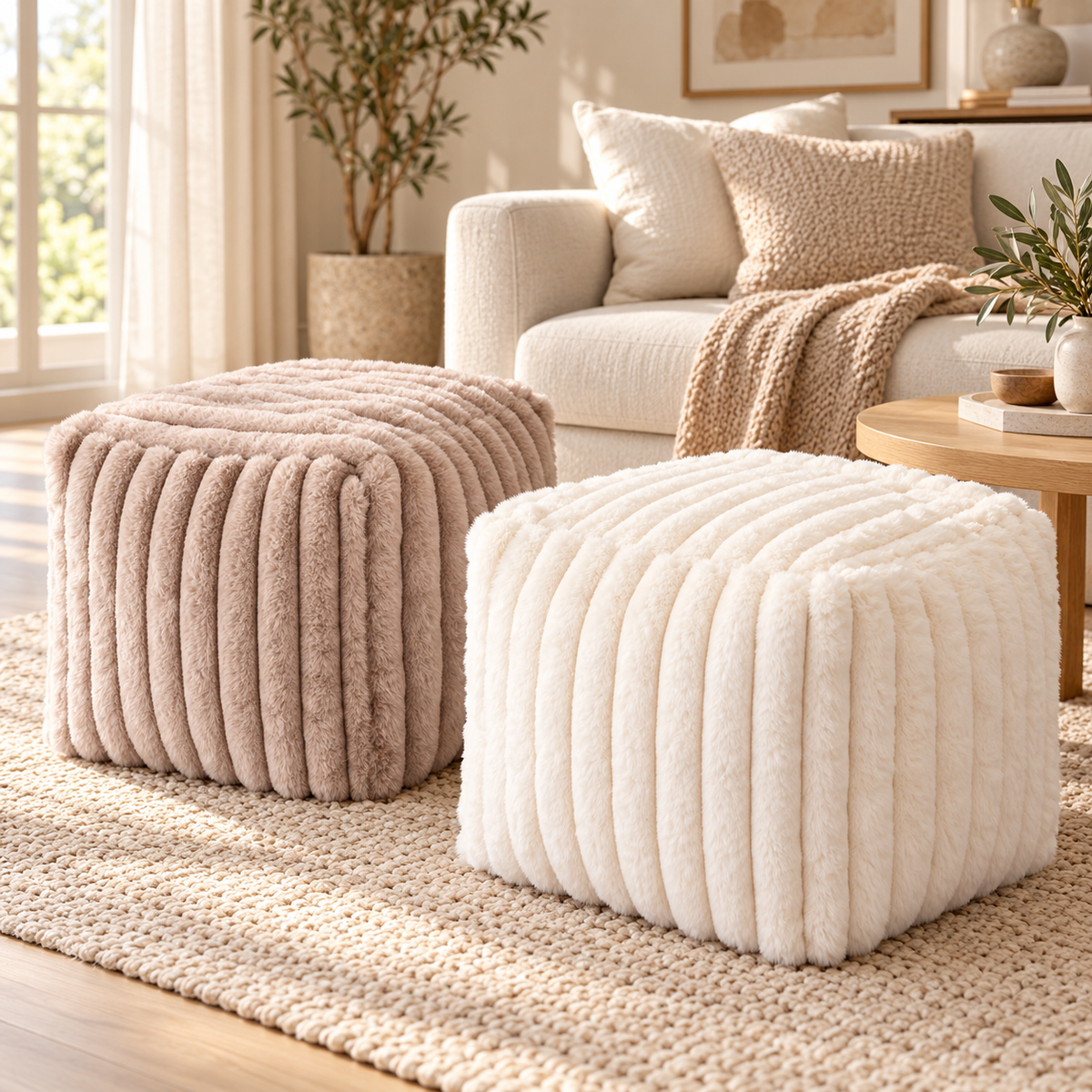 Fodskammel med Blød Kaninpels-Look – Offwhite eller Taupe