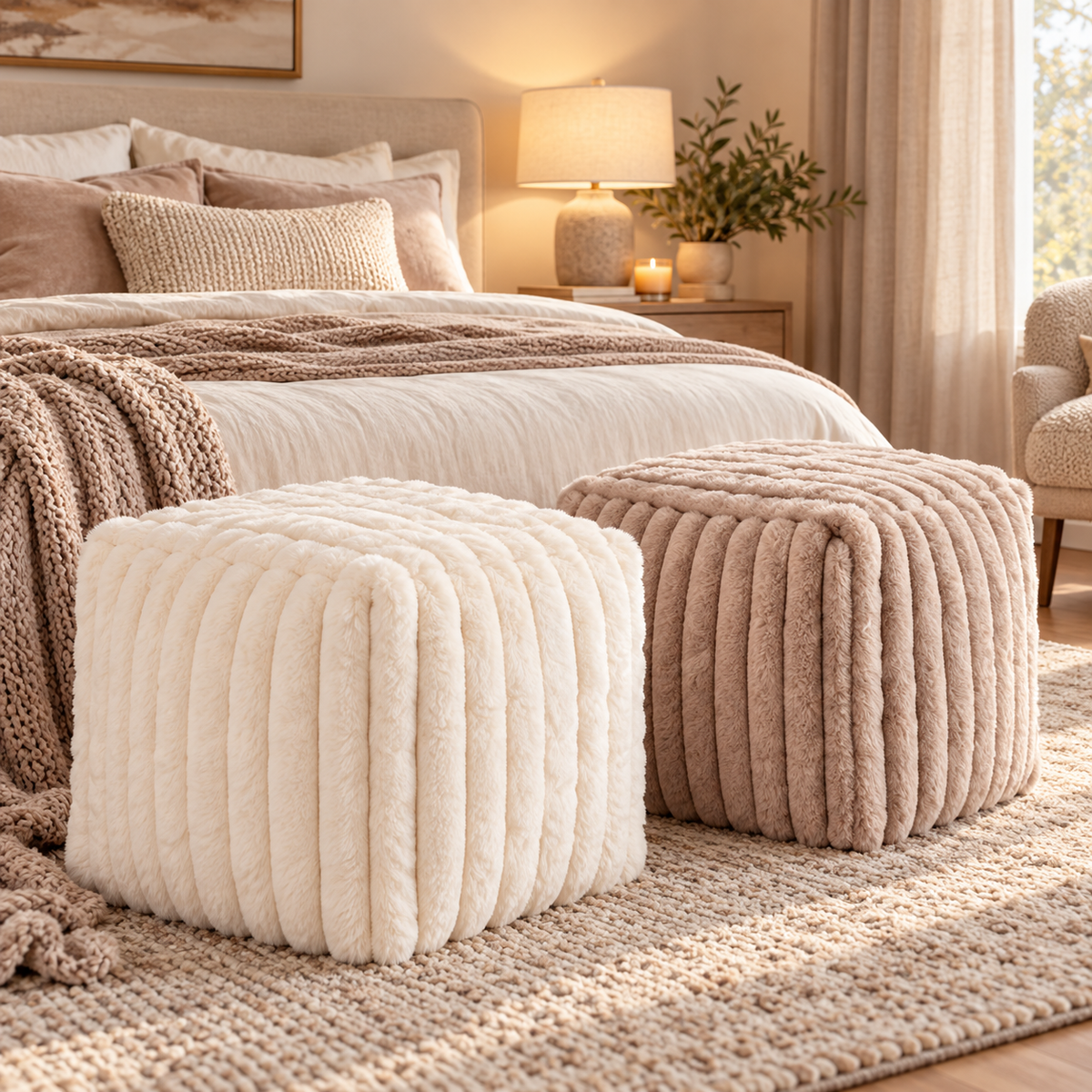 Fodskammel med Blød Kaninpels-Look – Offwhite eller Taupe