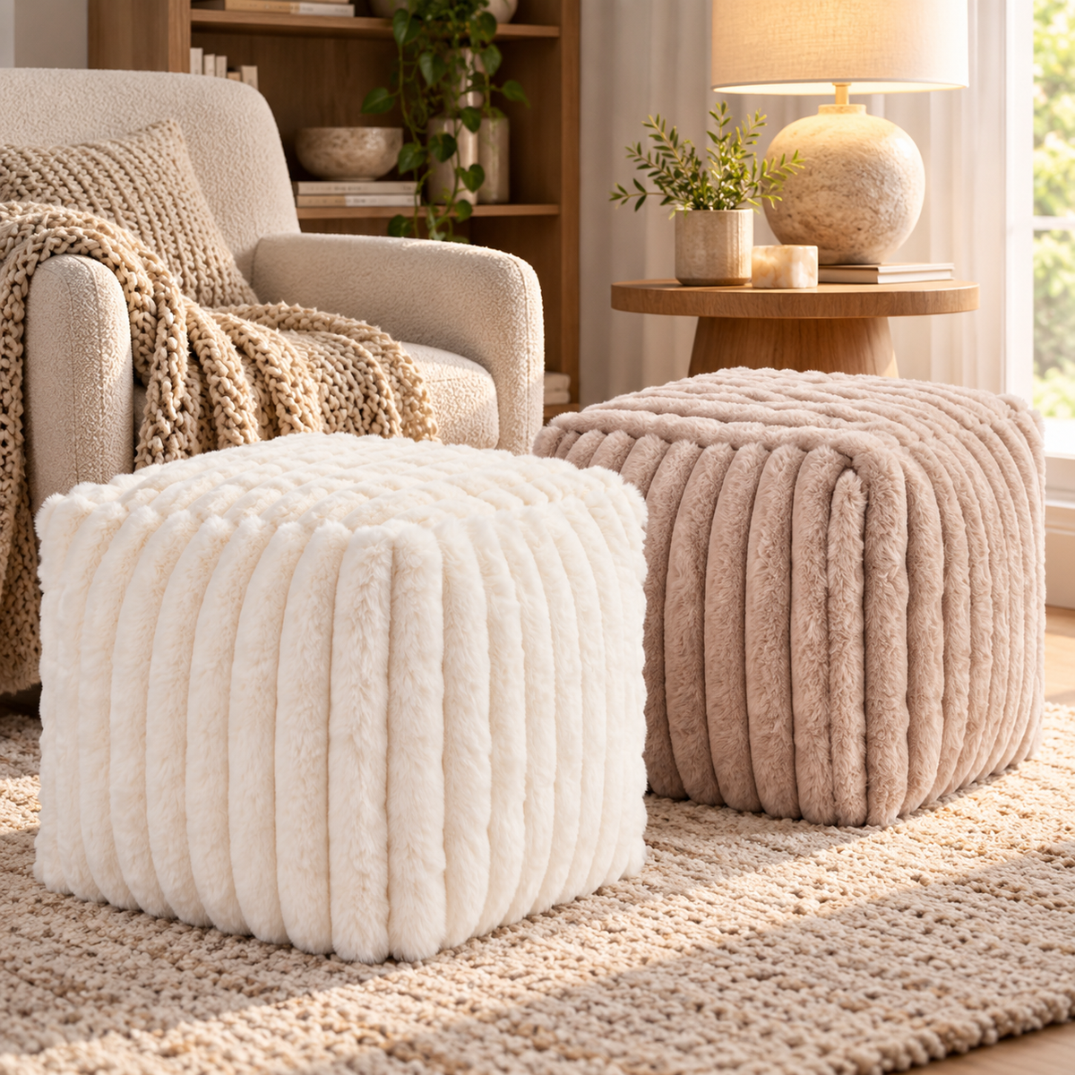 Fodskammel med Blød Kaninpels-Look – Offwhite eller Taupe