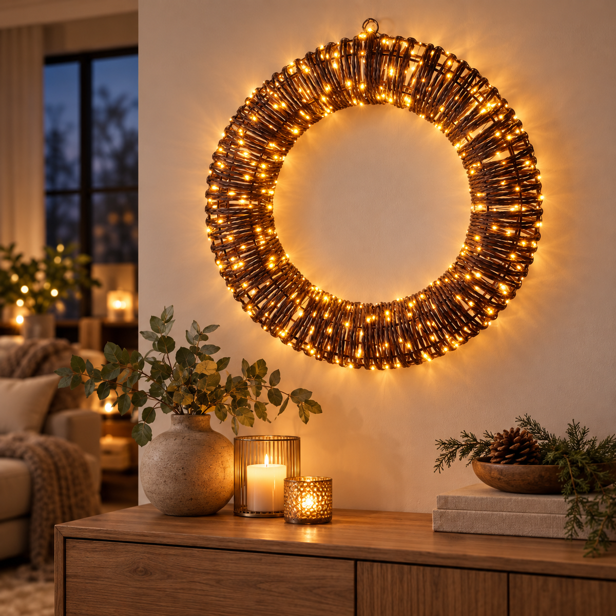 LED krans Ø50 cm med 500 Ekstra Varmhvide Lys & Timer