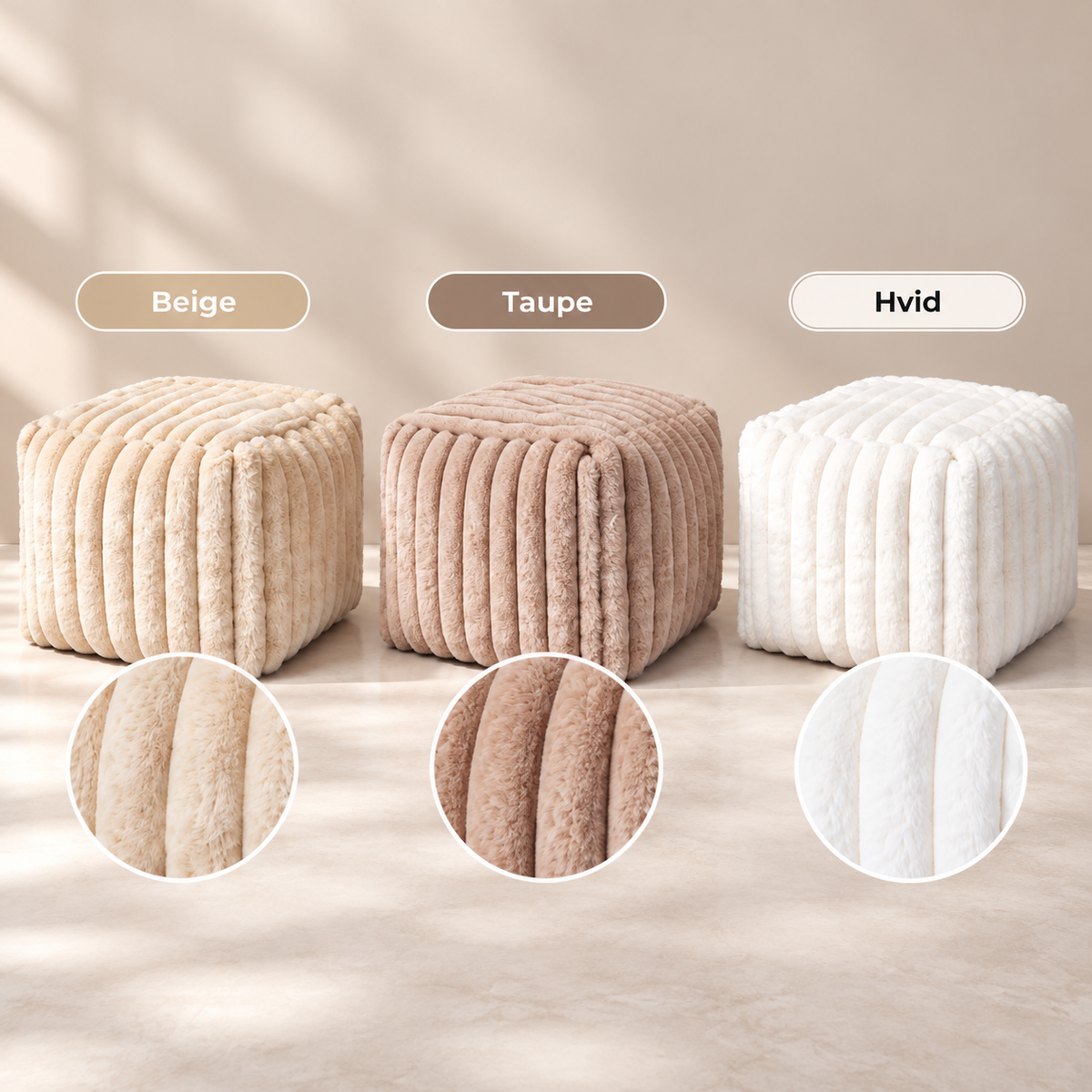 Fodskammel med Blød Kaninpels-Look – Offwhite eller Taupe