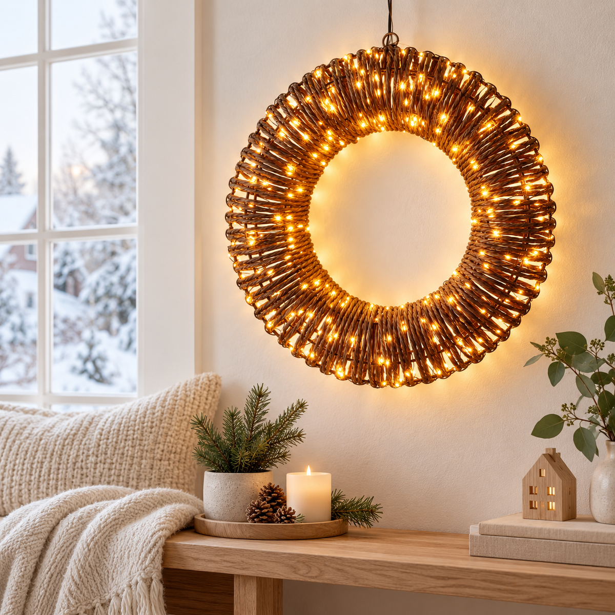 LED Julekrans med 400 Varmhvide Lys – Ø38 cm med Timer til Udendørs Brug