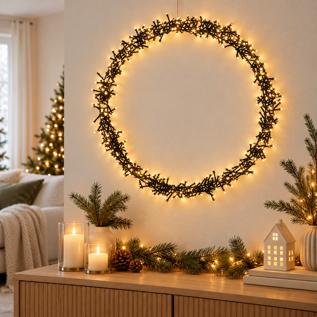 Dekorativ LED Lysring med 400 eller 500 Varmhvide Lys – Timer & 8 Lysfunktioner