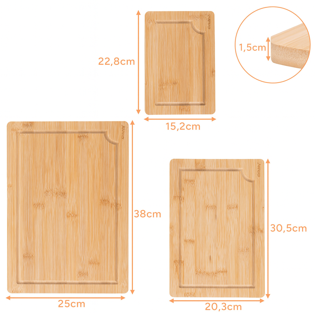 Skærebræts sæt  Bambus 3-i-1 med Holder – Flere Størrelser og Saft-riller