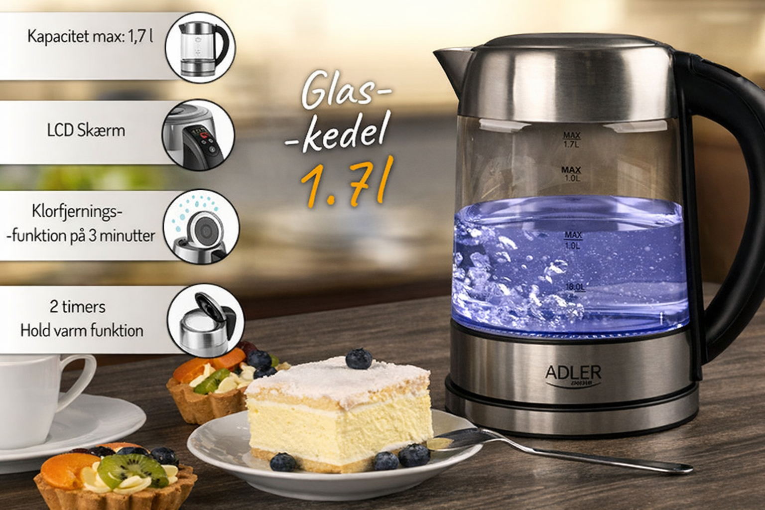Elkedel 1,7 L i glas, temperaturstyret, med LCD og LED-lys