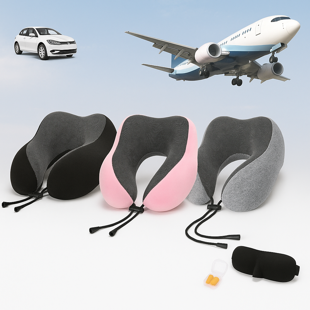 Rejsesæt til bilen eller flyveren - få Komfort og Ro på Farten 4 Dele