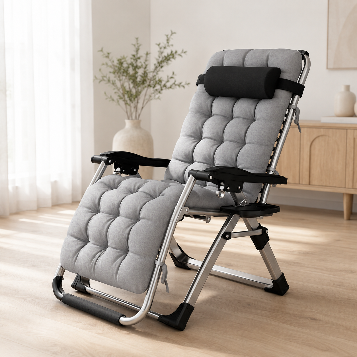 Foldbar Solstol inkl. tyk og komfortabel loungepude/hynde, – Komfortabel Have- og Campingstol med Kopholder (Kopi)