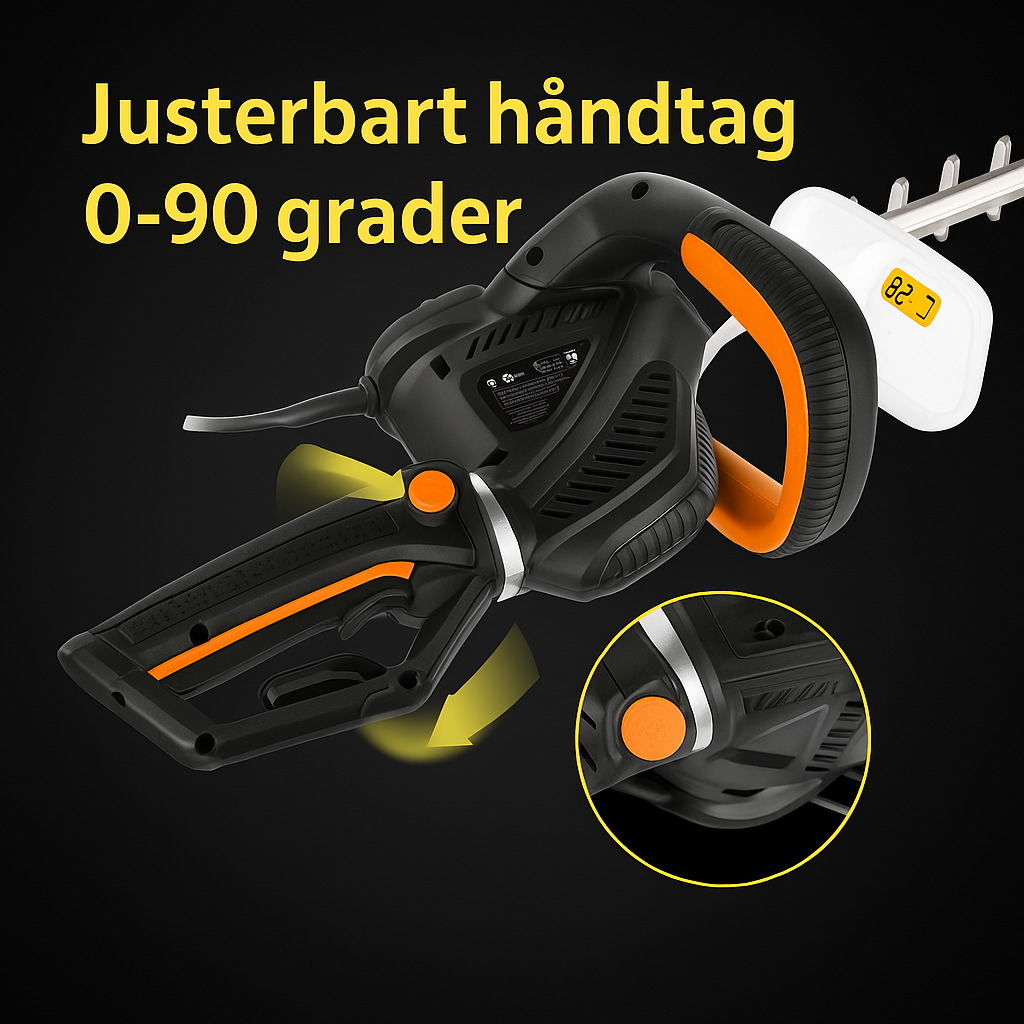 Hækkeklipper 620W, elektrisk med justerbart håndtag og sikkerhedsudstyr