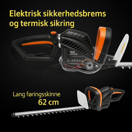 Hækkeklipper 620W, elektrisk med justerbart håndtag og sikkerhedsudstyr