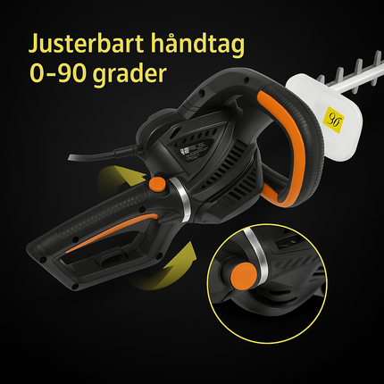 Hækkeklipper 620W, elektrisk med justerbart håndtag og sikkerhedsudstyr
