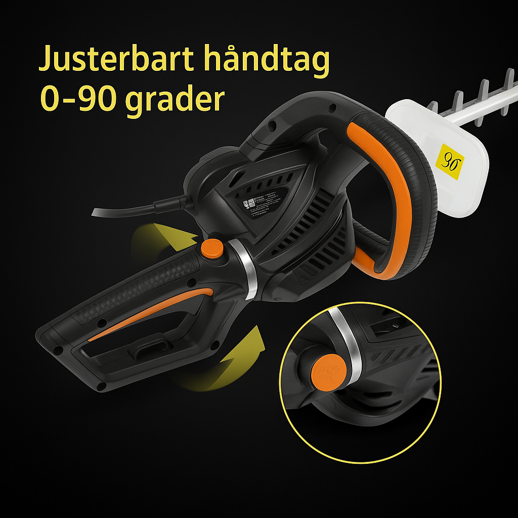Hækkeklipper 620W, elektrisk med justerbart håndtag og sikkerhedsudstyr